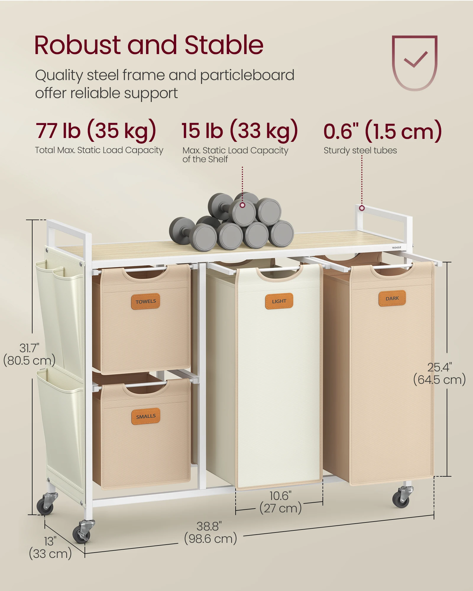 VASAGLE 4 Compartments Laundry Hamper for Bathroom Bedroom Wardrobe 4-Section Laundry Sorter Cart Laundry Basket with Wheels