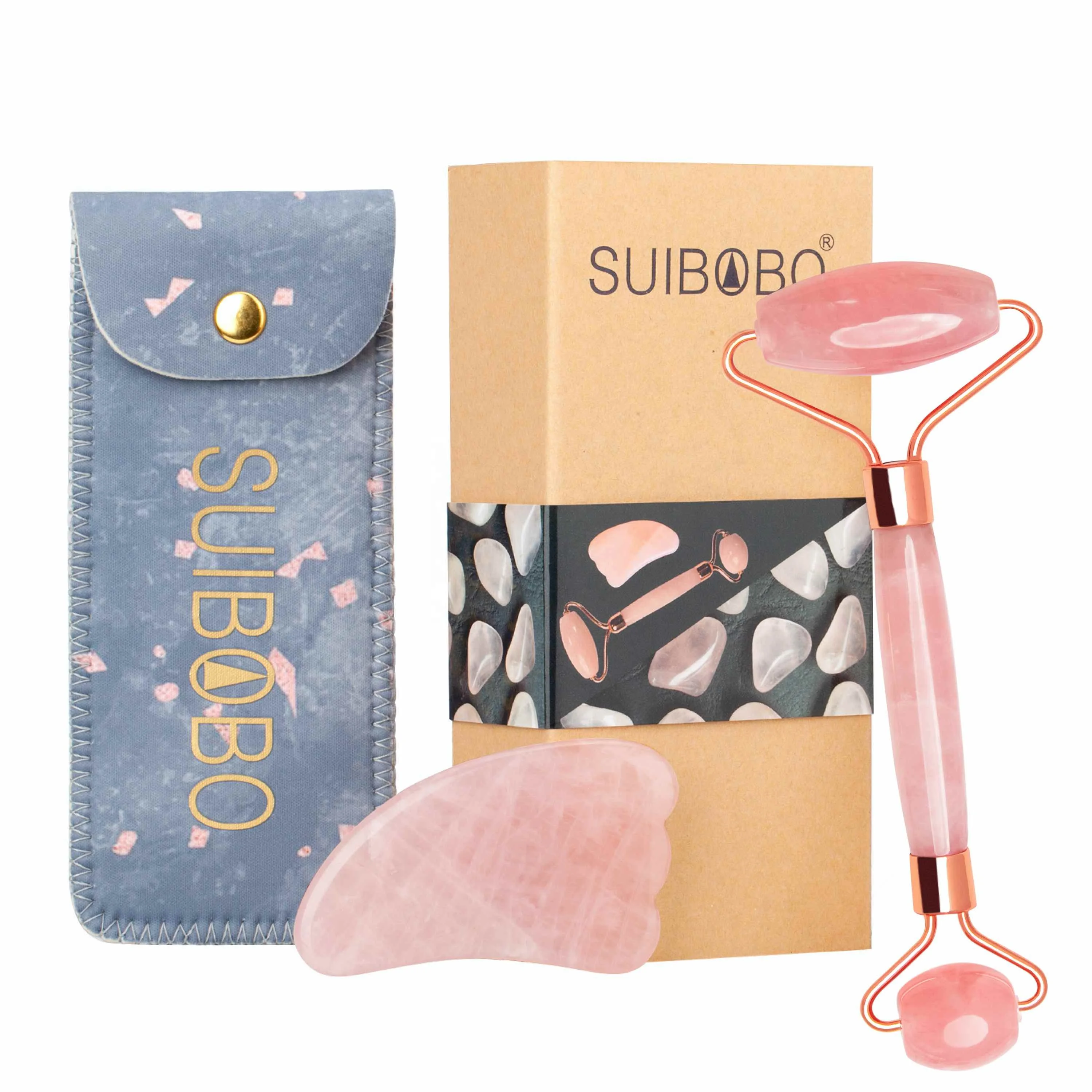 
Skincare Pink Rose Quartz Real Jade Crystal Gem Stone Marble Cuarzo Ice Cold Face Roller And Guasha Board With Natural Stone 