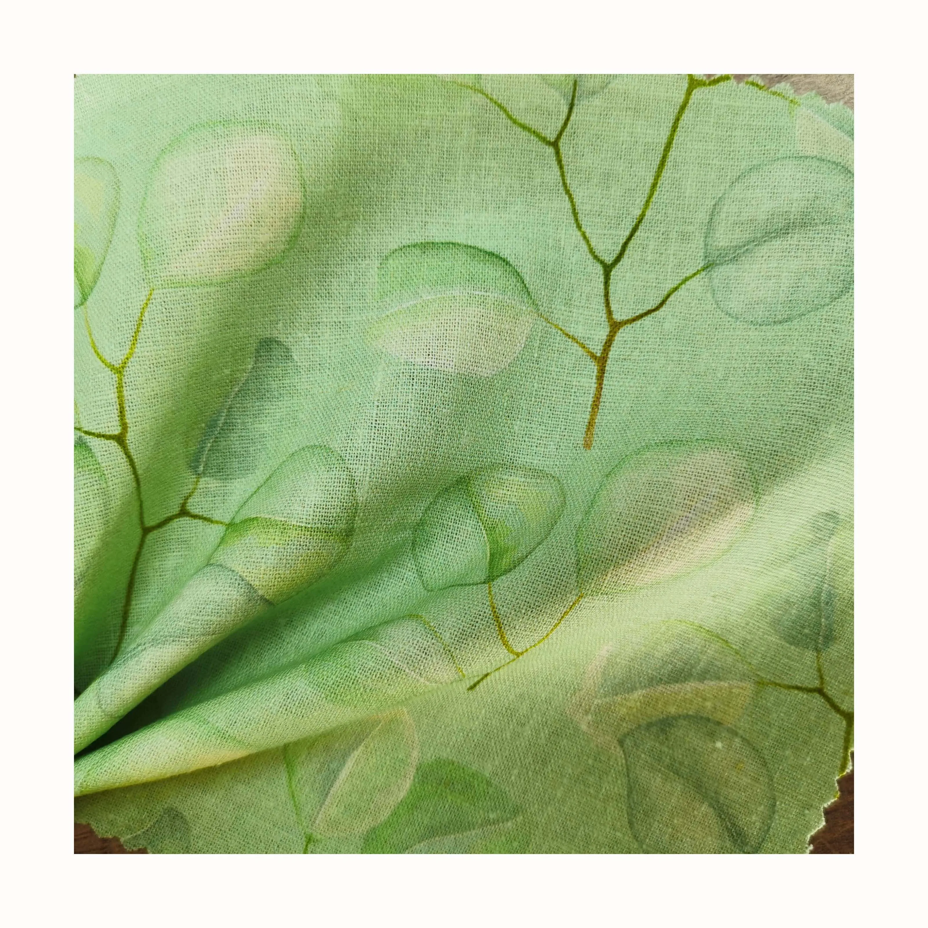 Custom Printing 55% Linen 45% Rayon Plain Fabric Green Leaves Pattern Printed Soft and Breathable for Woman Clothing