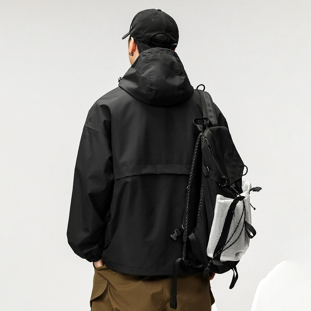 Doger Custom Mens Half Zip Pullover Anorak Jacket Raincoat Solid Color Hooded Hoodie Outdoor Casual Windbreaker Jacket For Men