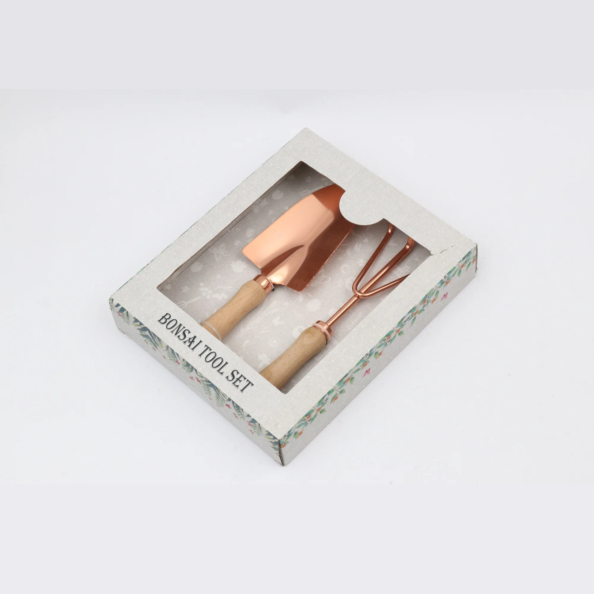 Factory Price Rose Gold Spade Cultivator 2 piece Custom Garden Equipment Tools Shovel Rake with Wooden Handle