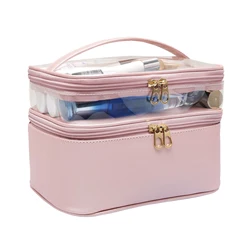 Boshiho Leather Double Layer Large Clear Makeup Organizer Bag Travel Accessories for Women Makeup Bag Cosmetic bags & cases
