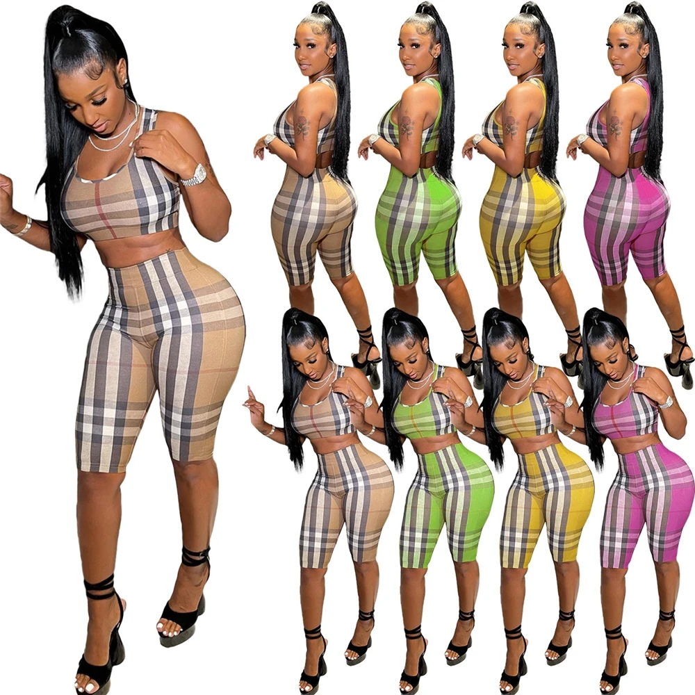 EB-2022052536   Summer plaid two piece outfit sexy women sweatsuit set tracksuit crop top tank top biker shorts sets