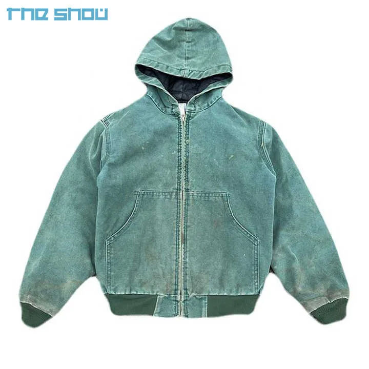 Custom 100% Cotton Duck Canvas Work Jacket With Lined Oversized Heavy Weight Faded Worker Hooded Jacket Zip Up Acid Wash Hoodie