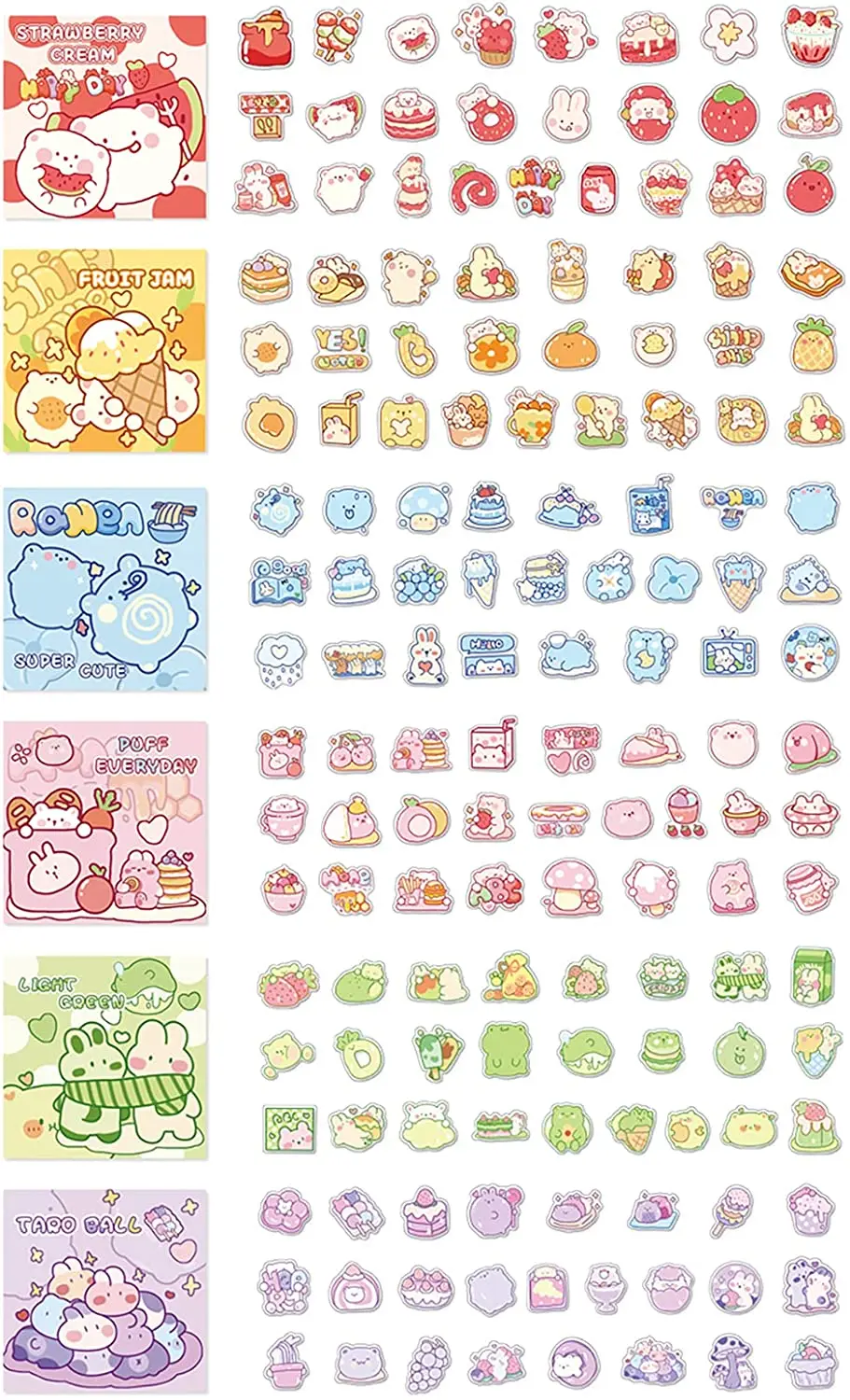 300PCS Cute Cartoon Rabbits Decoration Adhesive Paper Stickers for Scrapbook Planners 6 Themes Lovely Rabbits Stickers