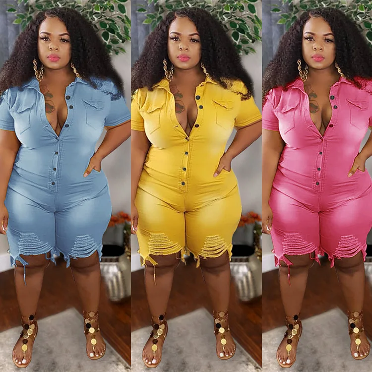 Summer Short Sleeve Ripped Buttons Denim Rompers Women Jumpsuit Ladies Plus Size Jean Denim Jumpsuit Women Denim Shorts Jumpsuit