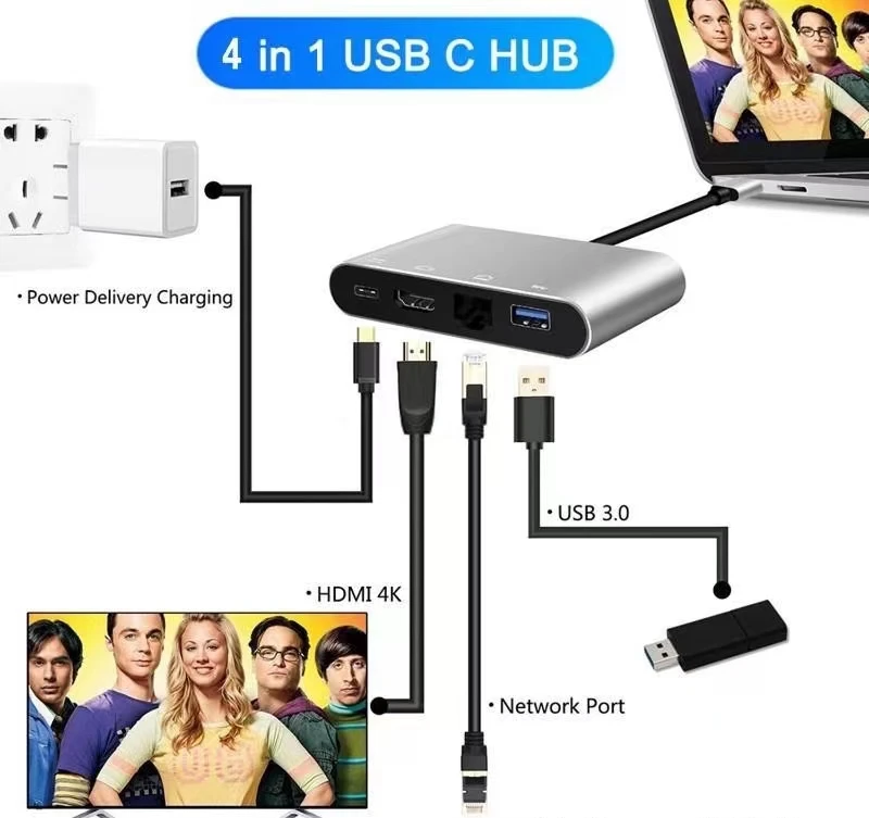 USB 3.1 Type C 100Mbps Lan Ethernet USB3.0 HDMI-Compatible USBC PD Charging 4 in 1 Extender Adapter Hub for Macbook Air Pro
