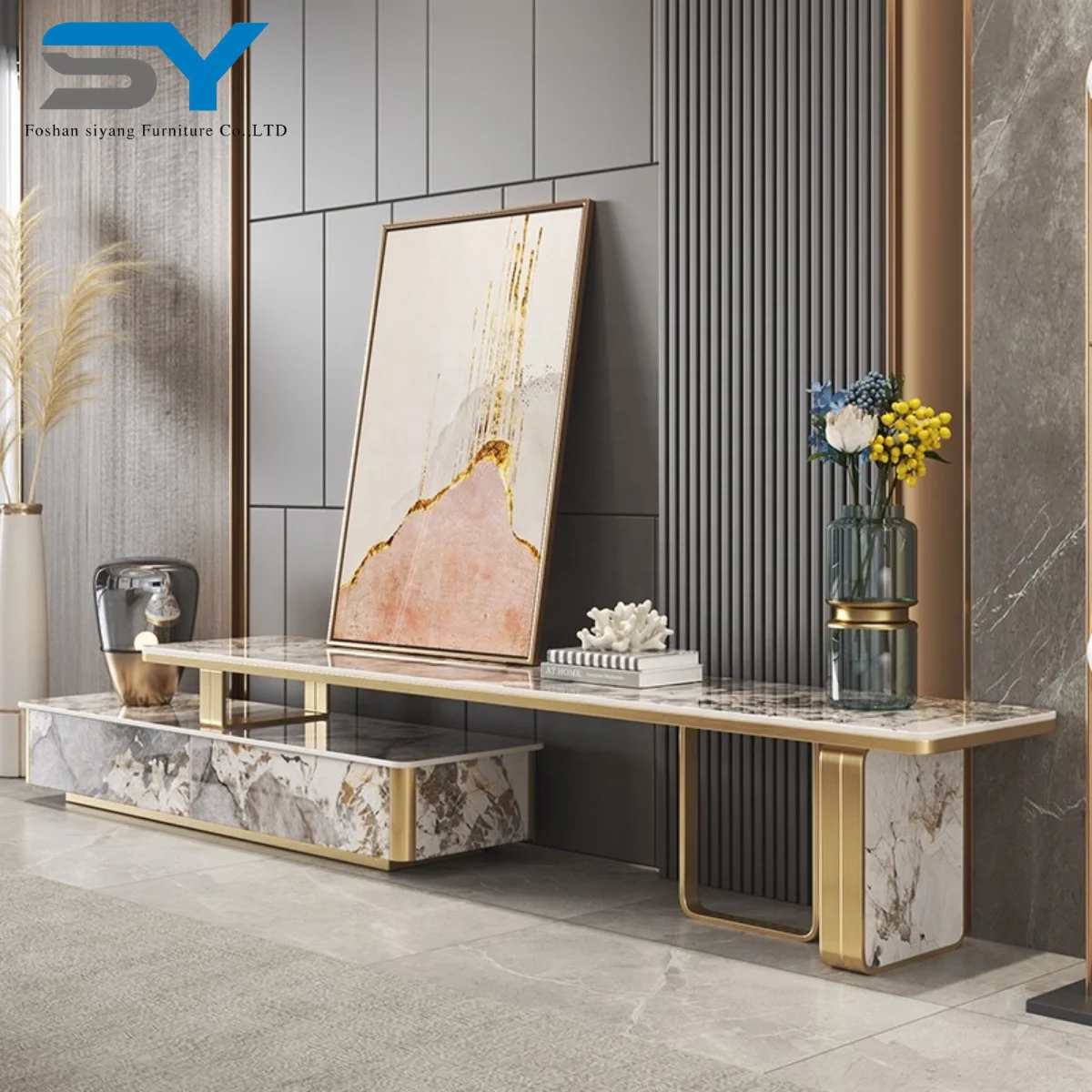 Modern Stainless Steel Leg Marble Top TV Table For TV Table  Living Room Furniture Luxury Television Stand