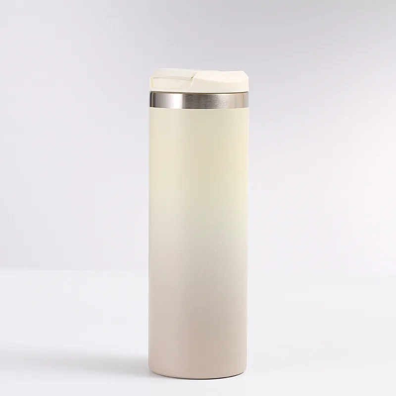 Best-selling 500ml new  304 stainless steel insulated gradient color straight cup travel car vacuum water bottle with flip cover