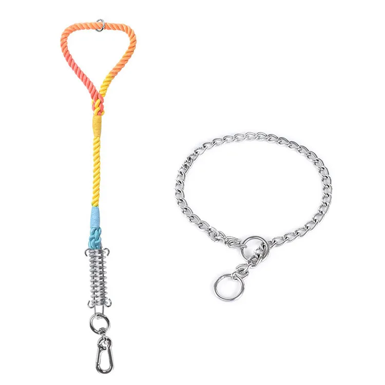 Loudik Wholesale Stocked Braided Rope Big Pet Leads Elastic Training Bungee Metal Stainless Steel Dog Chain Collar And Leash Set