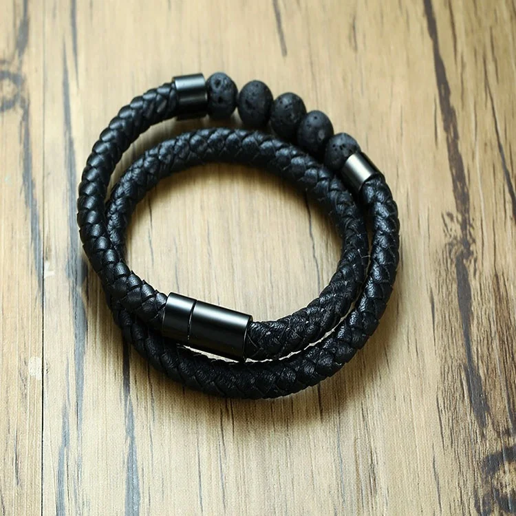 Personalized Custom Relationship Natural Chakra Lava Stone Beaded Leather Double Wrap Bracelet