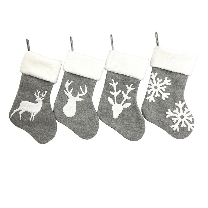 New Style Grey Felt Christmas Stocking With Reindeer Snowflake Applique Gift Stocking Socks Xmas Pendant Decor