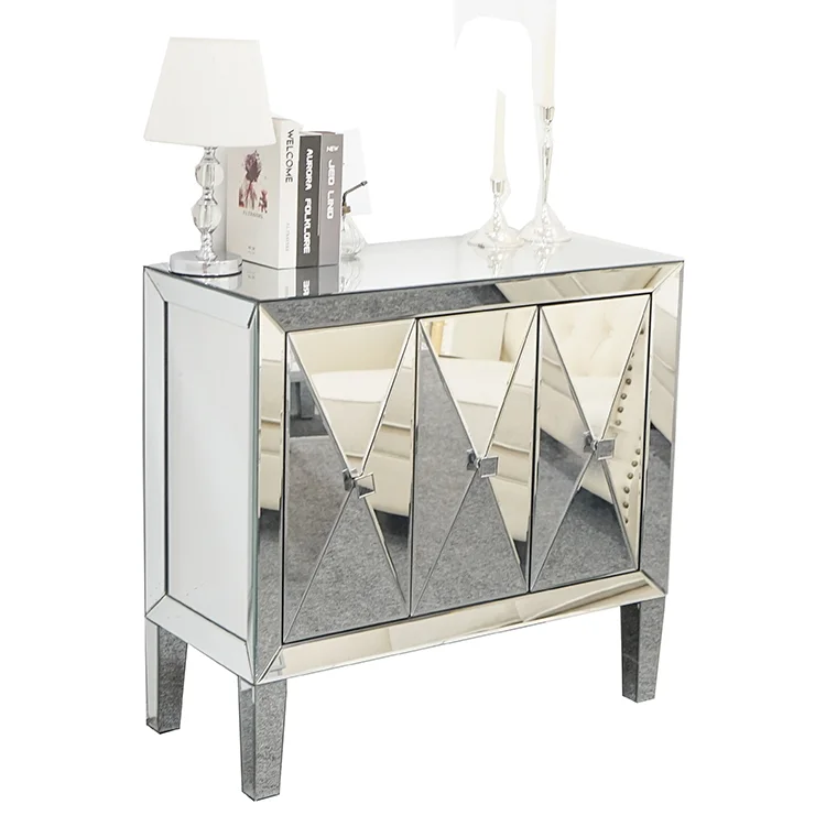 Modern Diamond Mirrored Furniture Drawers Crystal Glass Mirror Storage Cabinets
