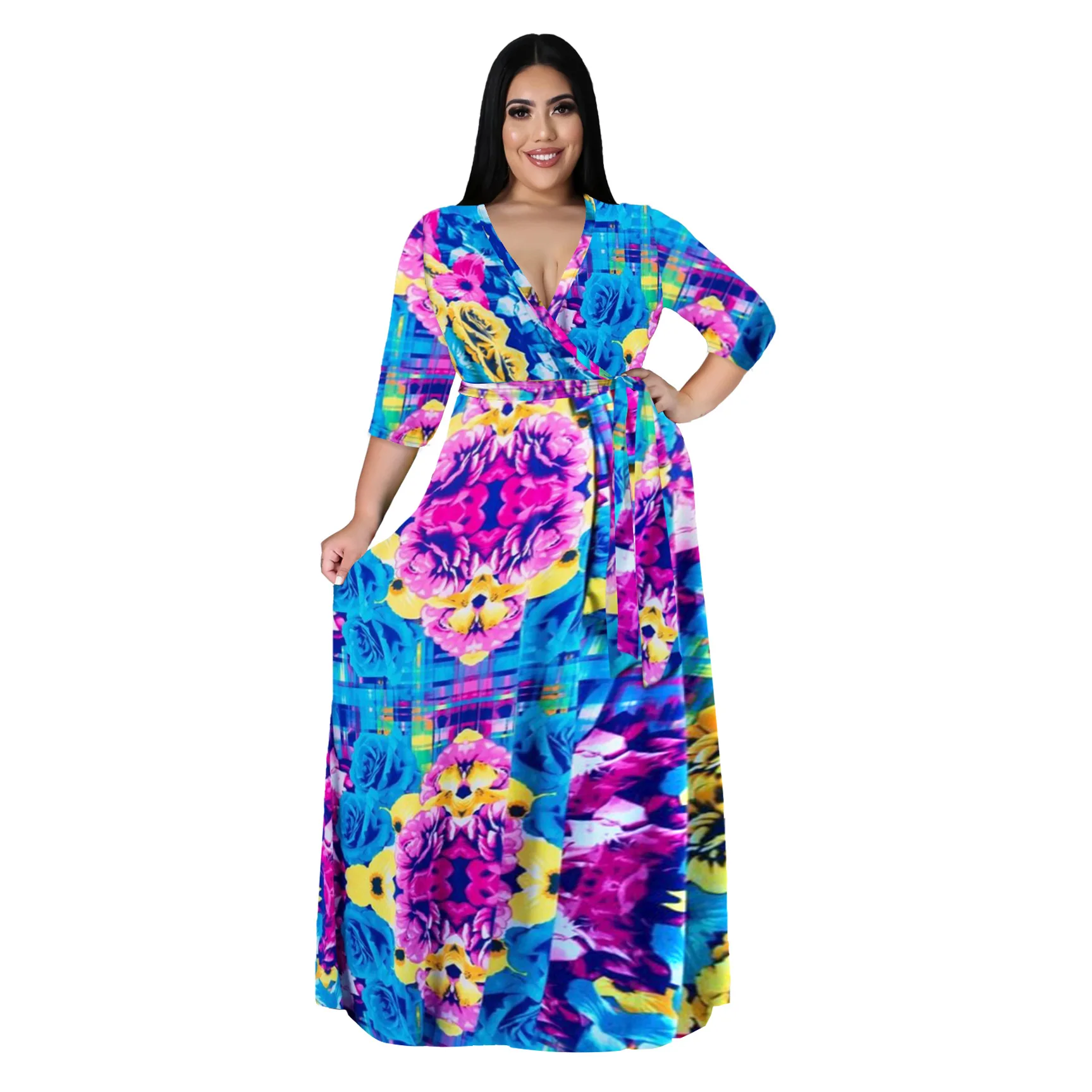 Casual Deep V-neck Long Sleeve Maxi Dress Printed Women Plus Size Africa Dress