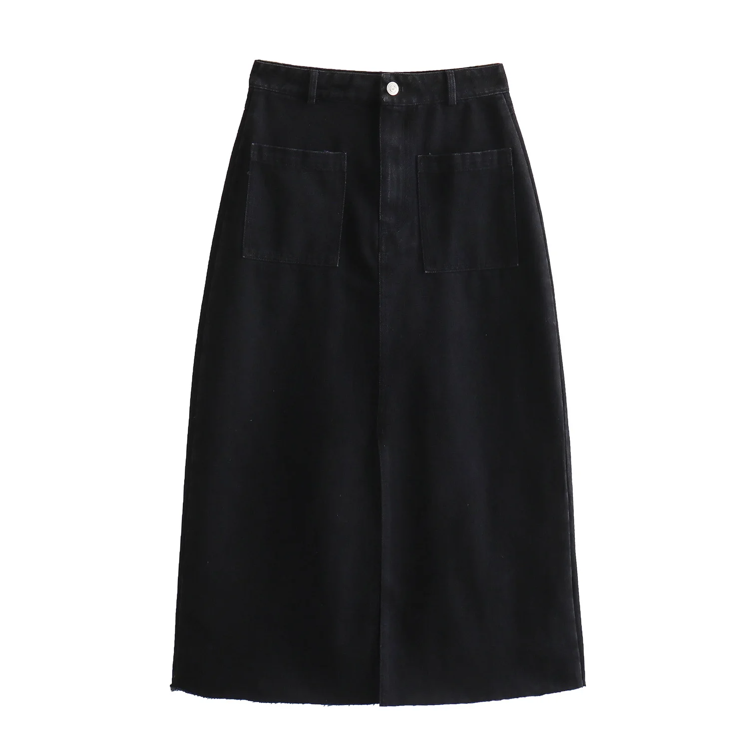Zipper fly front pockets denim black color hot sale casual fashion long jeans skirt for women