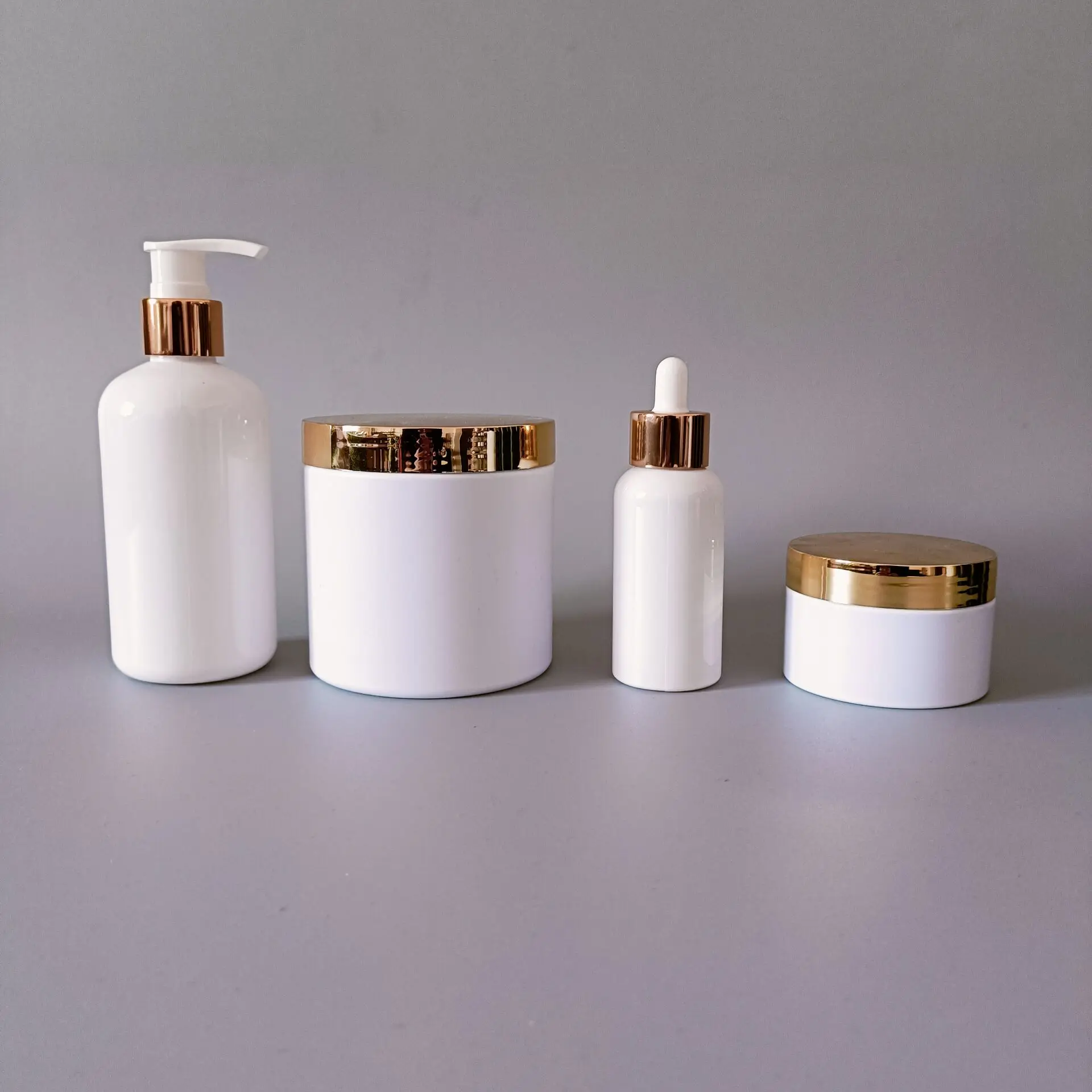 customize support   luxury plastic white Cosmetic fine mist spray facial cleaner Body care lotion hair oil bottles and jar set