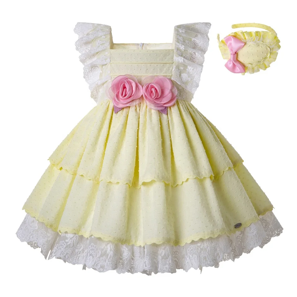 OEM 2021 Spring Newest Girls Easter Dress with Flower Sleeveless Korean Dress with Headband Lace Boutique Yellow Clothes
