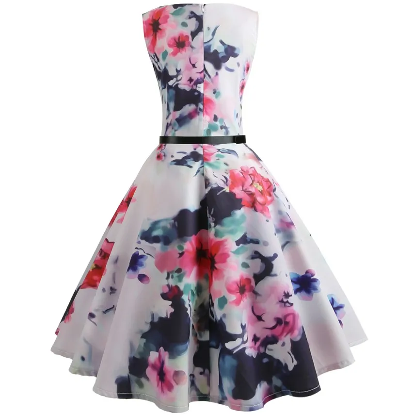 Elegant Classic vintage dresses retro 1950s 60s O Neck Printed Floral A Line Casual dresses With Belt Big Hem Party Dresses