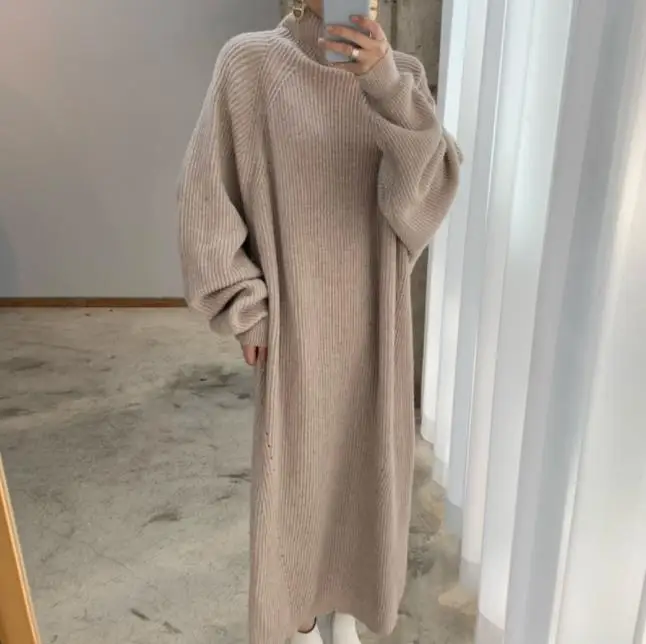 Long Sleeve Knitted Dress Korean Chic Autumn Winter High Neck Dress Female Ribbing Loose Casual Solid Color Sweater Dress