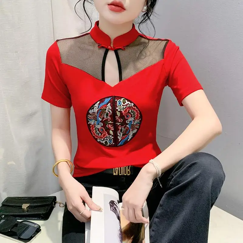 New Chinese Embroidery Summer National Style Buckle Hollow Out Stitching Small Shirt Chic Top T-shirt
