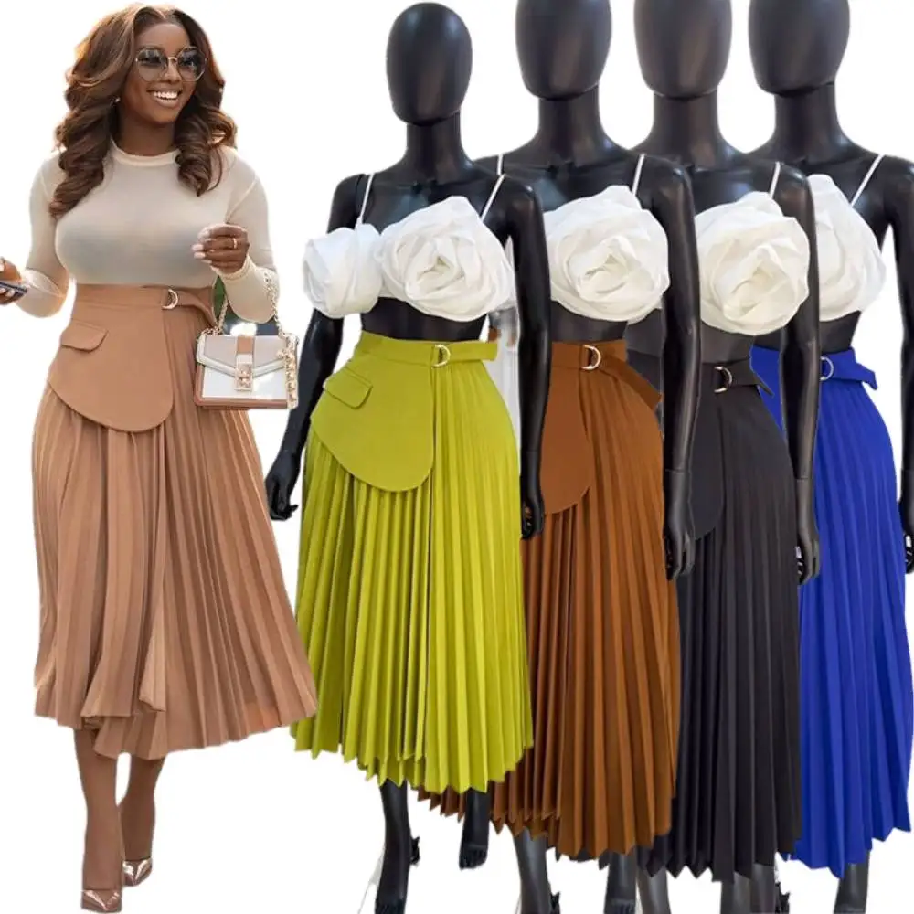 Vintage Pleated Midi Long Skirt For Women 2024 Summer New Design Sense A-shaped pleated long skirt Commuter belt skirt