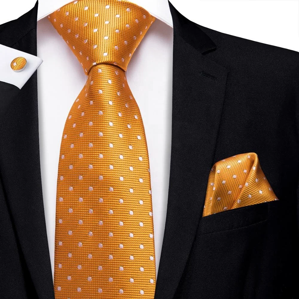 Wholesale Italian Silk Yellow Tie Custom Logo Orange Dot Necktie for Men