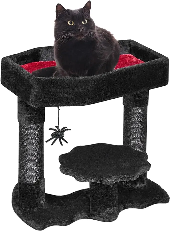 Black Cats Halloween Cat Tower: Coffin Bed, Spacious Condo, Scratching Posts, Spider Toy. Gothic Pet Furniture