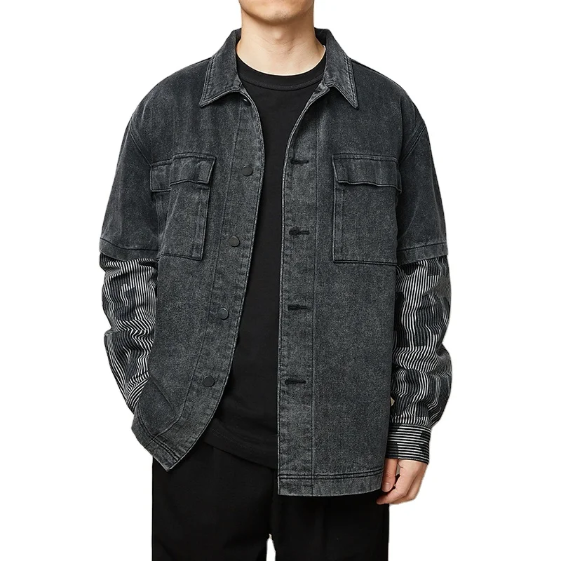 Wholesale Fashion Mens Daily Wear Grey Coat Alphabet Print Lapel Cotton Casual Loose All-match Long Cotton Denim Jeans Jacket