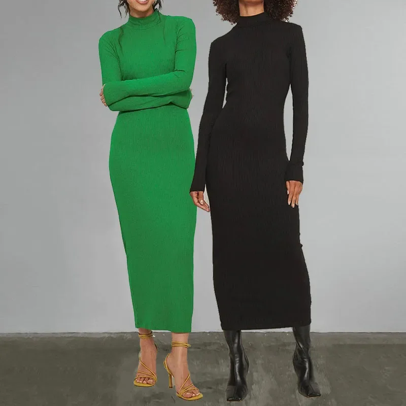 2024 Spring Luxury High Collar Casual Black Sweater Slim Bodycon Sexy Crochet Knitted Long Sleeve Maxi Dress For Women
