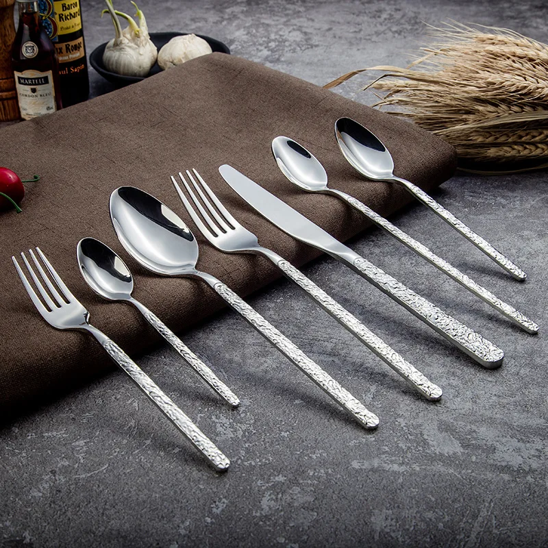 Hot selling Stainless Steel Flatware Set Eating Utensil Hammered Silverware Fork Knife Spoon Set