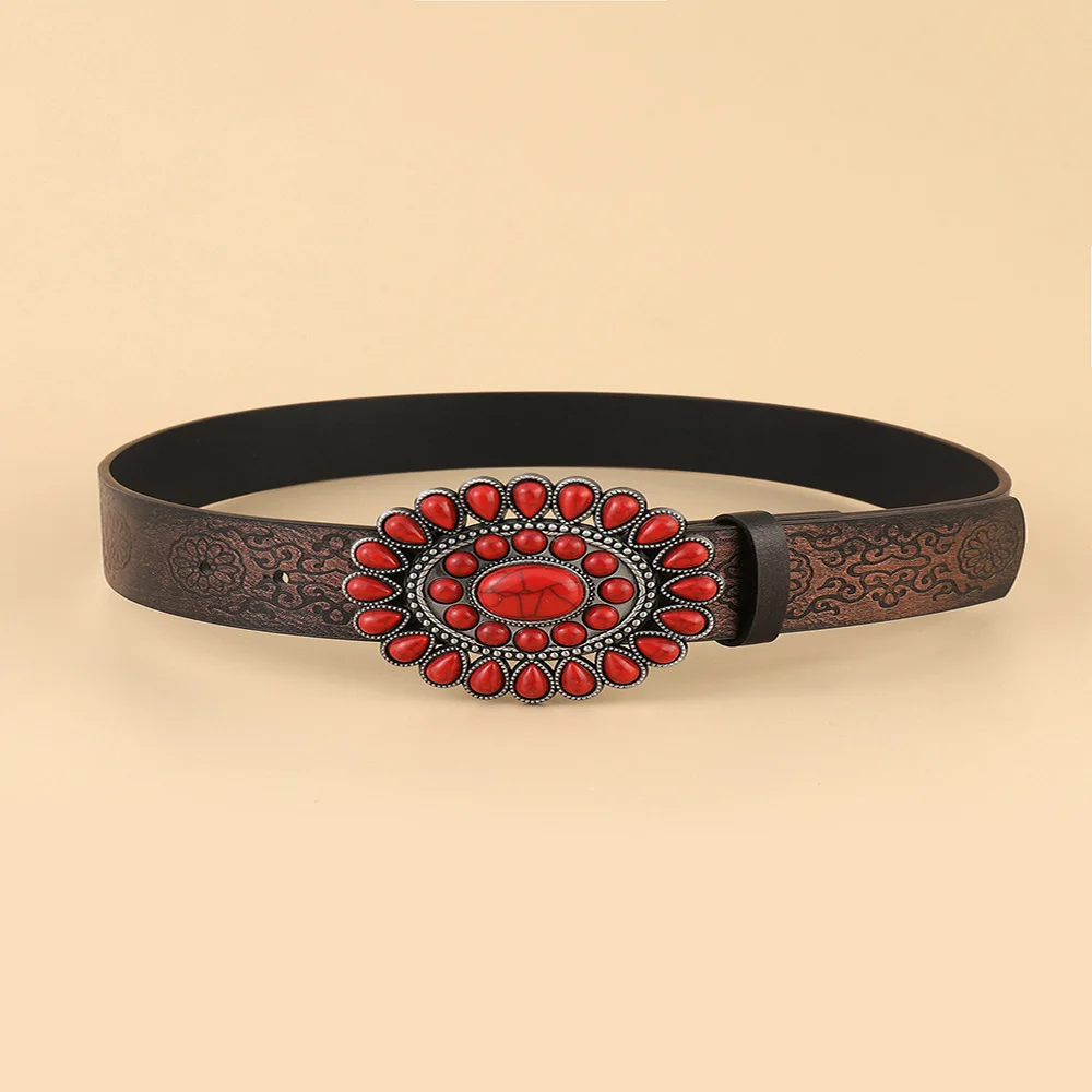 European American Retro Belt Y2k Ethnic Style Pu Belt Simple Design With Sapphire Inlaid Popular Buckle Made From Alloy Material