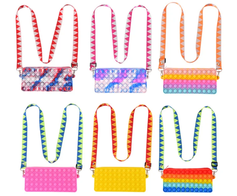 Amazon Hottest Rainbow Push Bubble pencil case Anti Stress Sensory Silicone Fidget Shoulder Bag