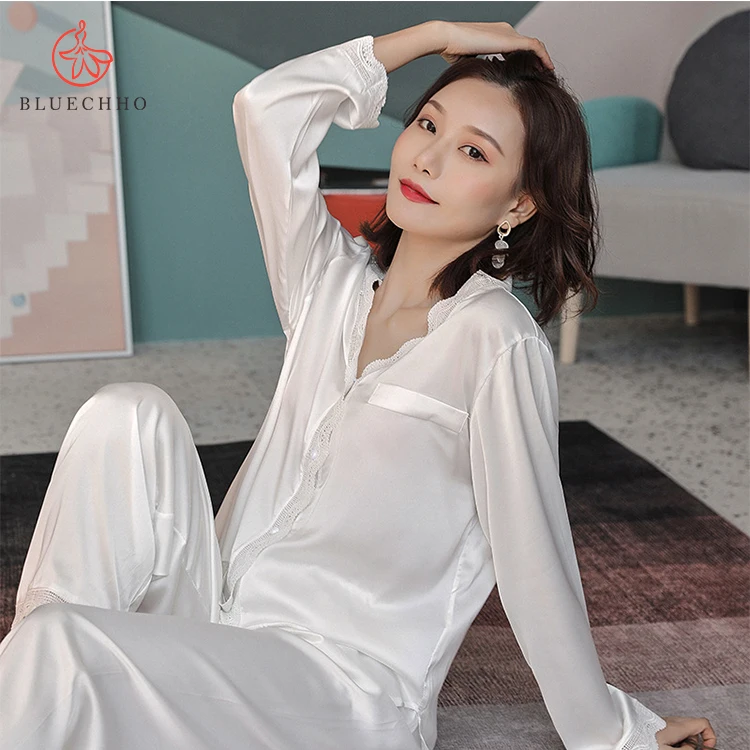 
White pajamas ladies real silk cardigan long sleeved court style ice silk thin section home service suit  (62547324565)