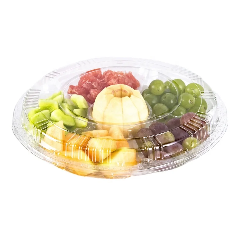 Disposable round plastic 6 compartment fruit food packaging box container