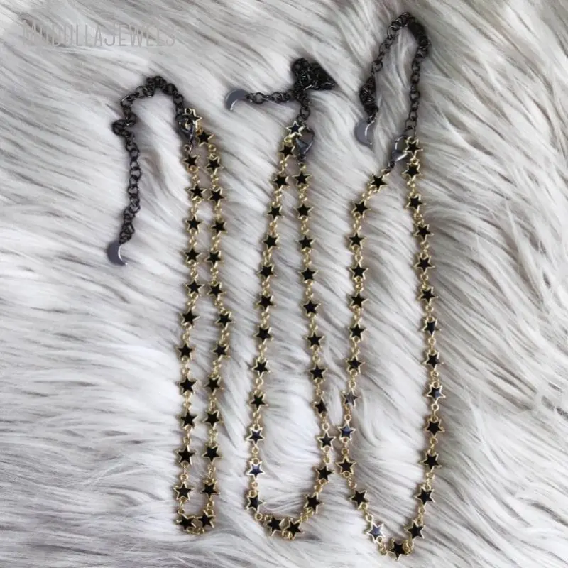 NM45388 Black White Enamel Moon And Star Gold Plated Chain Choker Minimal Layering Witch Boho Goth Necklace For Women