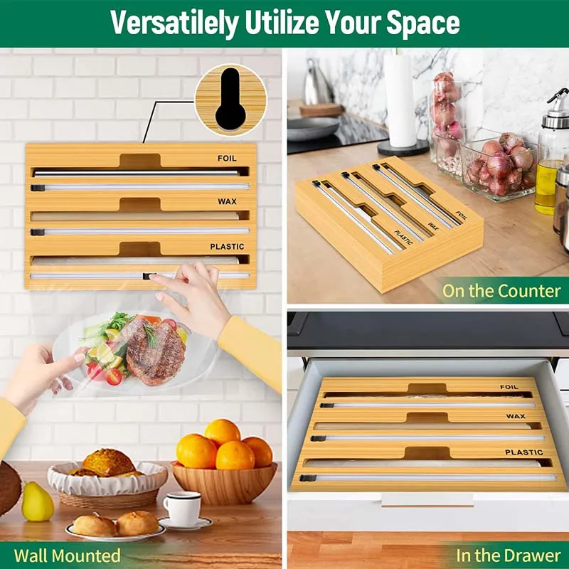 Plastic Wrap Storage Organizer 3 In 1 Bamboo Wood Plastic Wrap Dispenser With Slide Cutter