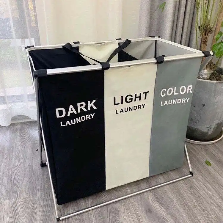 Large Laundry Hamper Laundry Basket Toys Dirty Clothes Organizer 3-Section Aluminum Frame