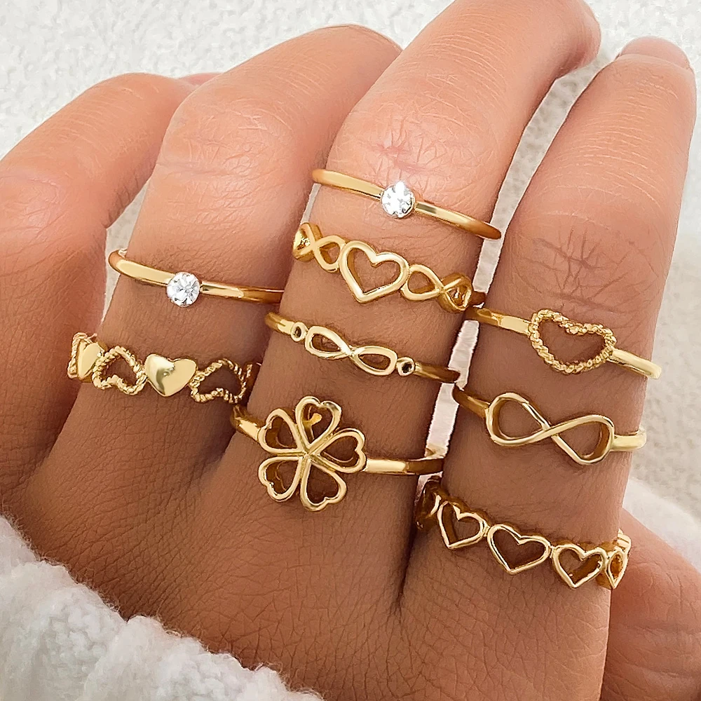 2024 Trendy Geometric Crystal Heart Rings Set Gold Moon Butterfly Green Stone diamond Knuckle Finger Ring Women Jewelry Gift