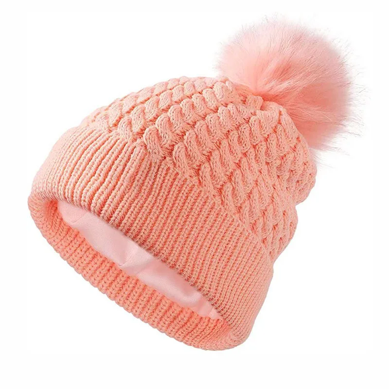Thickened High Elasticity Satin Lined Women Knitted Cuff Beanie Acrylic PomPom Knitted Autumn Winter Stripe Beanie Hat