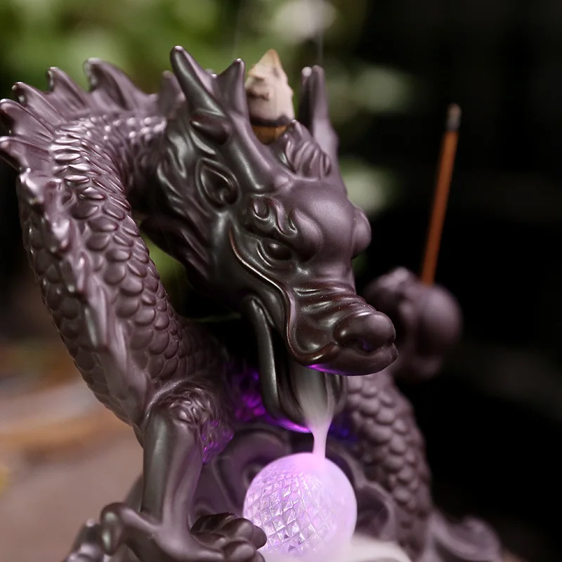 
7-Color LED Lights Changing Incense Burner Ceramic Dragon Backflow Incense Burner Creative Smoke Waterfall Incense Holder Censer 