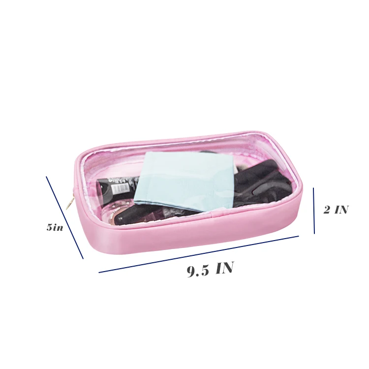 Waterproof Good Quality Long Pink Large Zipper PVC Cosmetic Transparent Clear Make Up Nylon Pouch Makeup Bag