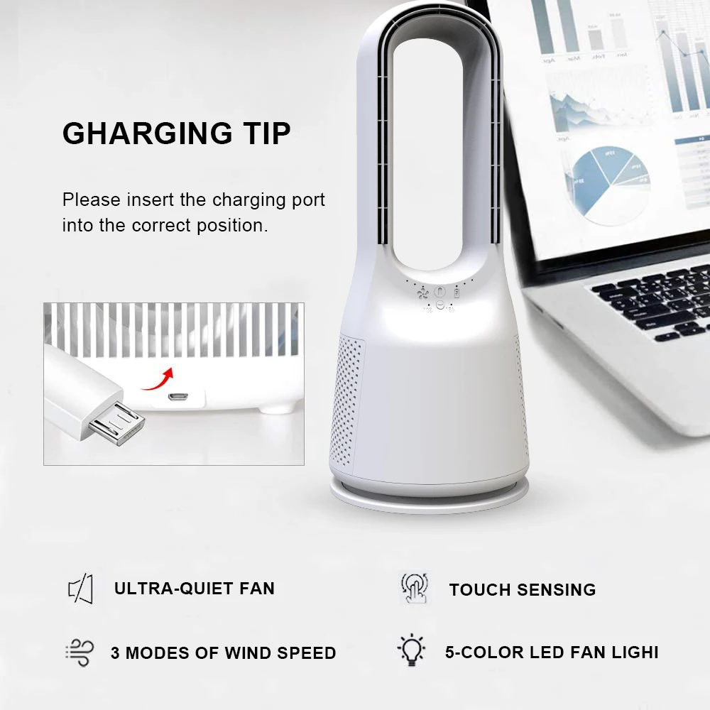 14 Inch Bladeless Table  Fan  Usb Bladeless Fan Rechargeable  Portable Smart Bladeless Air Fan