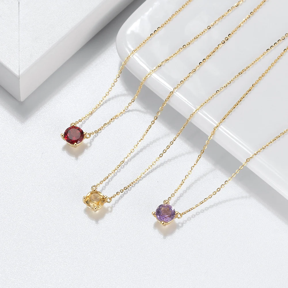 RINNTIN GMN37 14K Gold Plated Natural Stone Jewelry Garnet Necklace 925 Sterling Silver Round Cut Necklace for Women