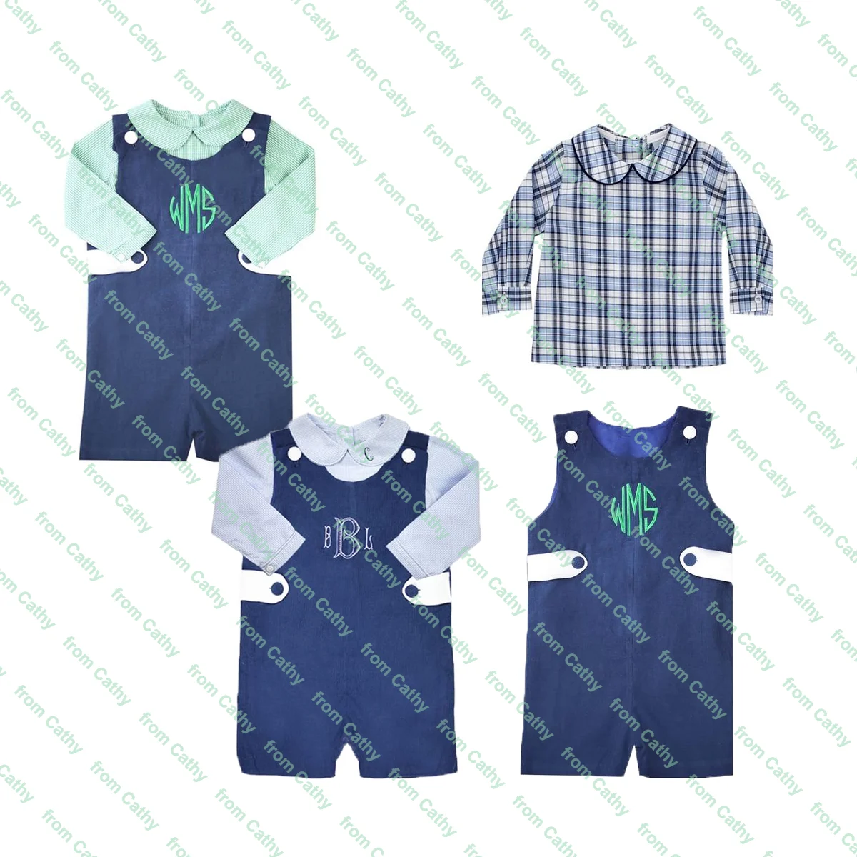 Peter pan collar baby boy pant set long sleeve monogram cotton white shirt with buckle and long pant clothes set for kids boys