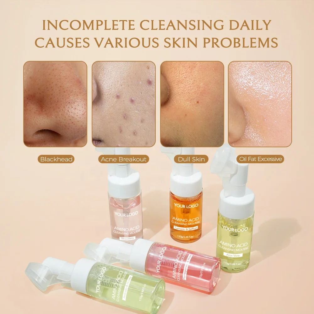 Private Label Aloe Vera Turmeric Amino Acid Facial Cleanser Mousse Moisturizing Brightening Face Wash With Brush