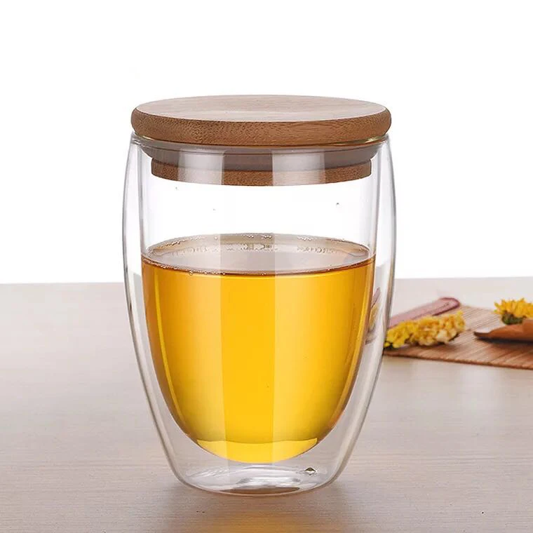 250ml 350ml 450ml Unbreakable Drinking Water Double Wall Glass Cup Mug with bamboo lid Set
