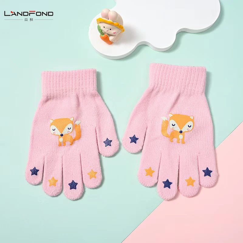 MIO Cute Cartoon Winter Gloves for Kids Soft Warm Acrylic Knitted Stretch Mittens Magic Animal Pattern Daily Cycling Fishing