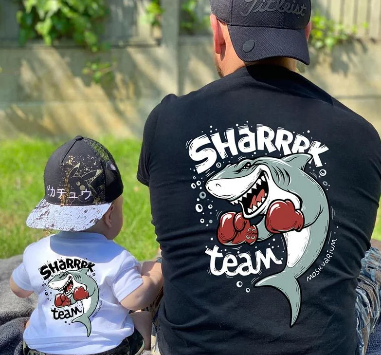 Fashion Dad Mom and Kids Shark Printed T-shirt Wholesale High Quality Custom Matching Parent-child Family Clothes