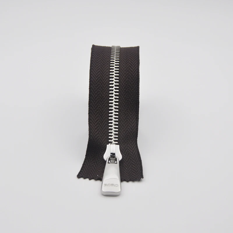 
Zipper Manufacture Helper Custom Logo High Quality #10 European Teeth Shine Nickel Long Chain Metal Baby Zippers With Black Tape 