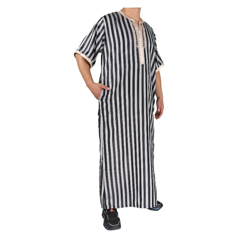 Мусульманский Стиль марокканский мужской Thawb с коротким рукавом полосатая ткань размер 54-62